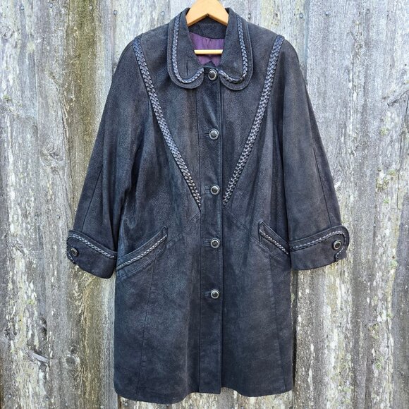Vintage Black Leather Trench Coat jacket Womens Size L Braided Trim Mid Length - Picture 1 of 14